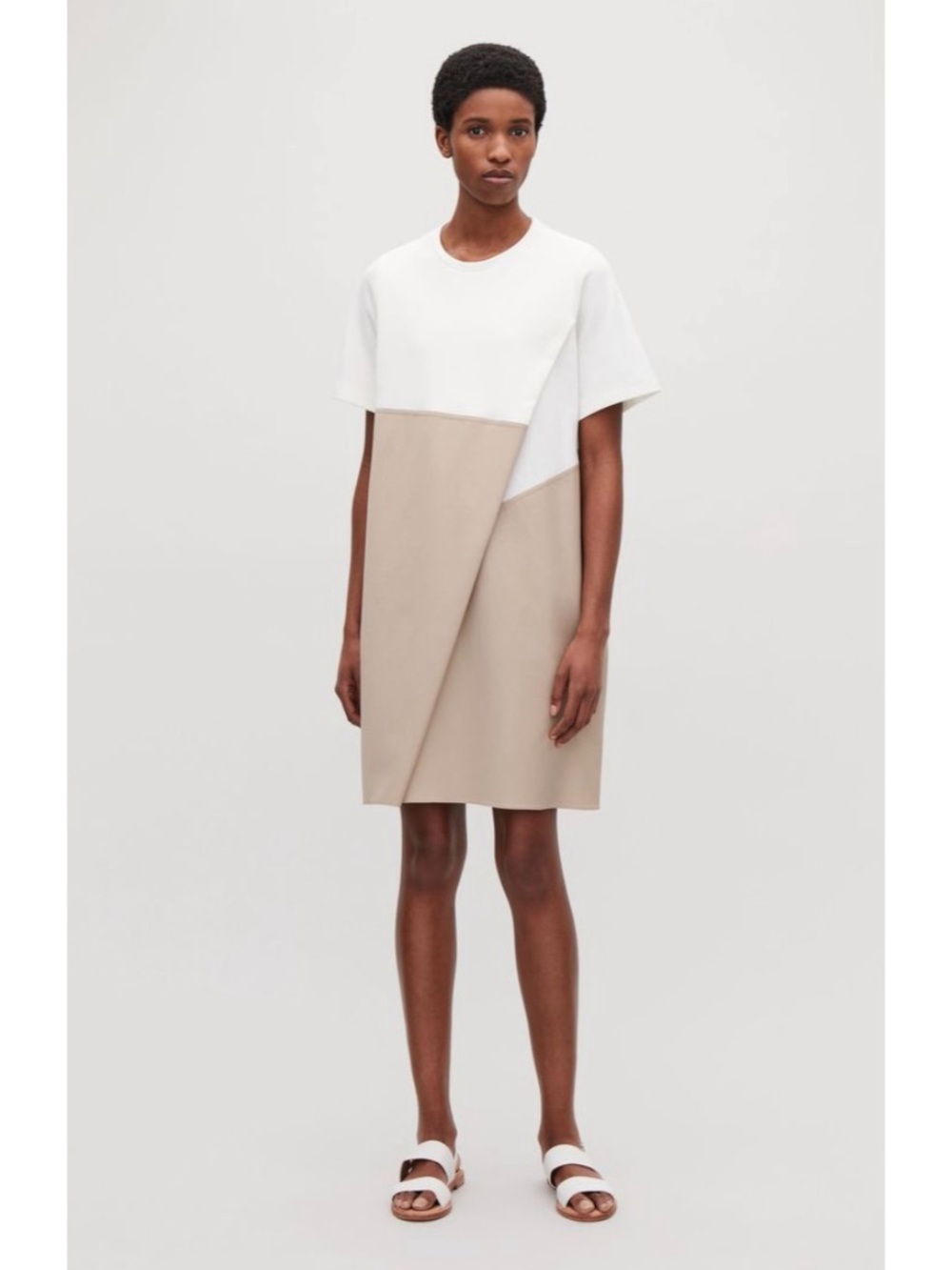 COS Poplin-Panelled Dress in Cream & Brown Size S